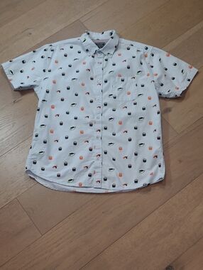 Creative Destruction Shirt Men's sz L Sushi Print Button Down Short Sleeve Shirt